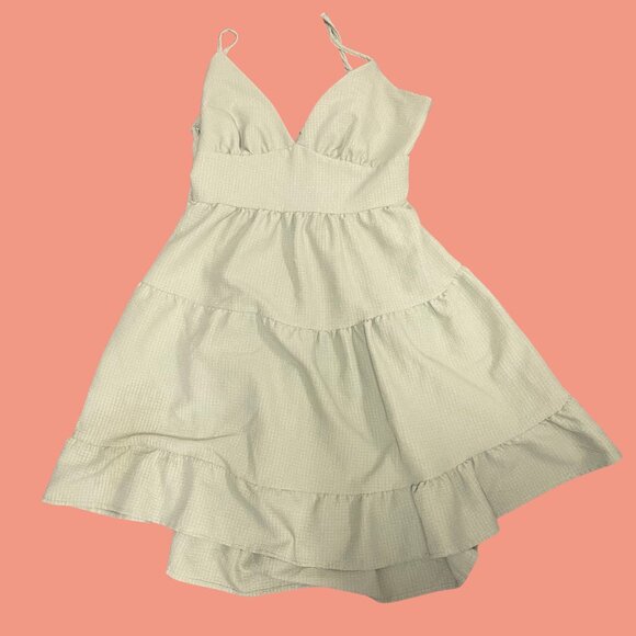 SHEIN Sage Green Tiered Mini Dress w/ Open Back Tie (Size L / 8-10) - Picture 3 of 7